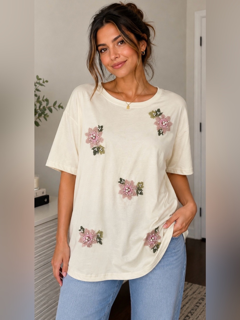 Cream Floral Embroidered Pearl Beaded T-Shirt Top Plus Size 1XL